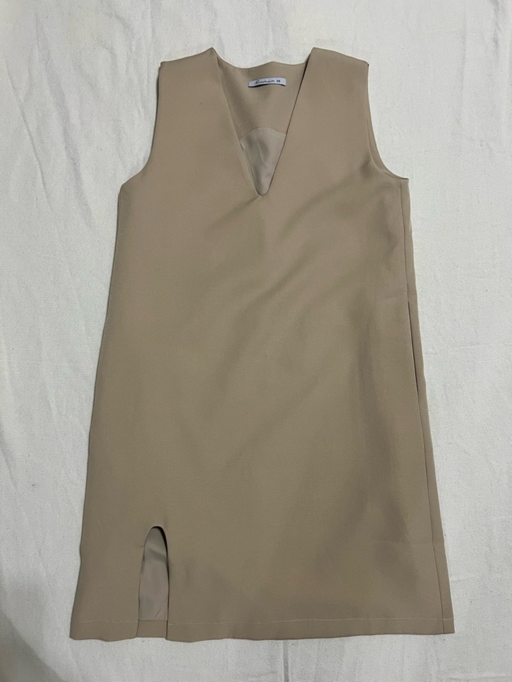 Beige Sleeveless Dress XS Minimalist V-Neck Slit Hem Stretch